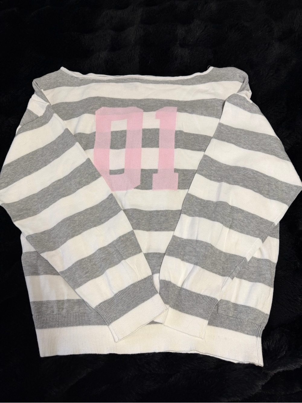Justify Gray & White Striped Off-Shoulder Sweater with Pink 01